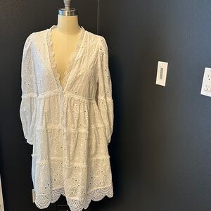 White Lace V-Neck Dress with eyelet pattern hippie BoHo chic lined